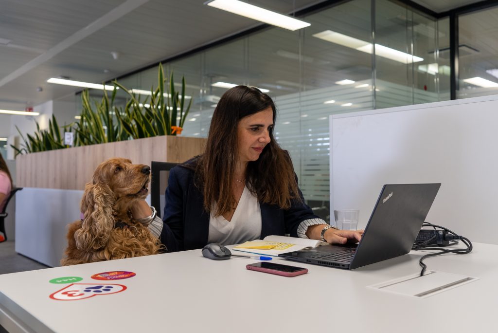 Donna che lavora in uffcio al pc con a fianco il cane.
