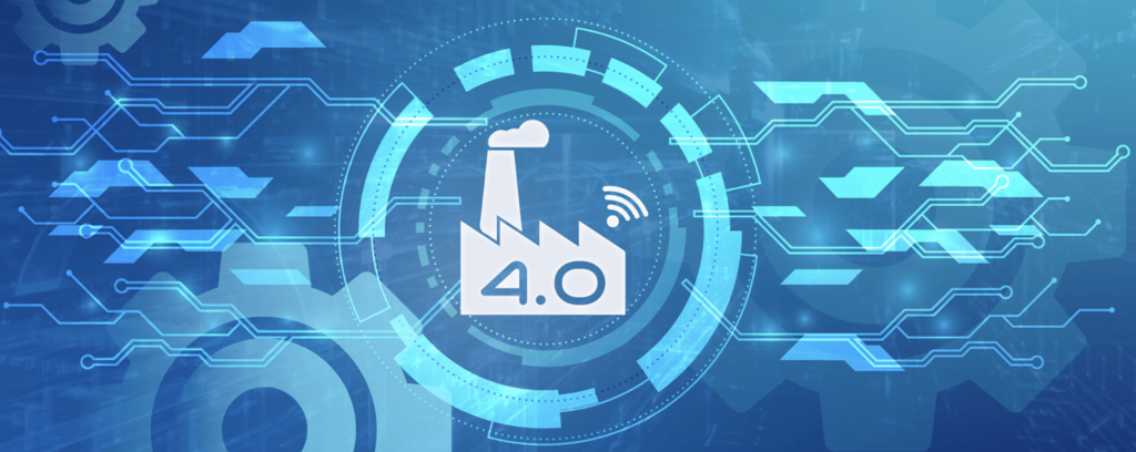 Illustrazione digitale in stile tecnologico con icona di fabbrica e scritta Industria 4.0 su sfondo blu con circuiti e simboli digitali.