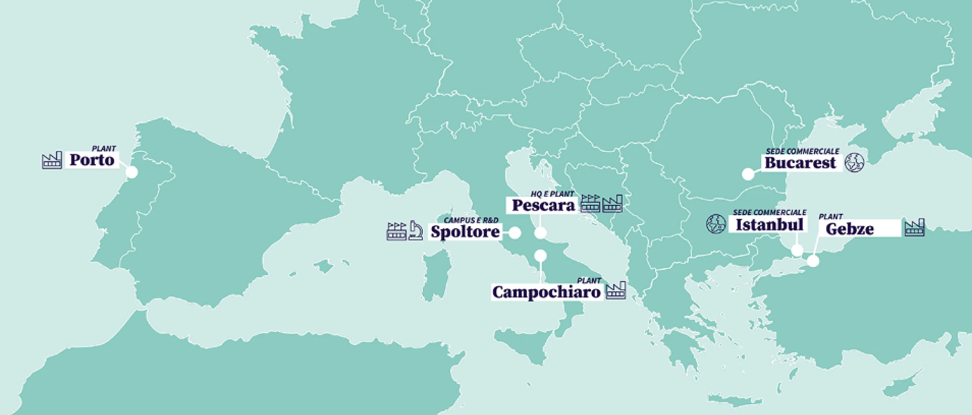 Map showing the plants in Campochiaro, Pescara, Porto, and Gebze.