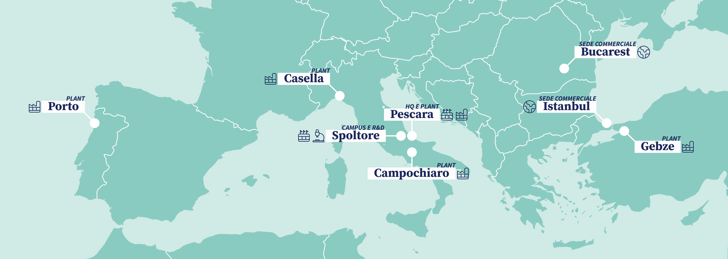 Mappa che mostra i stabilimenti in Campochiaro, Pescara, Porto e Gebze